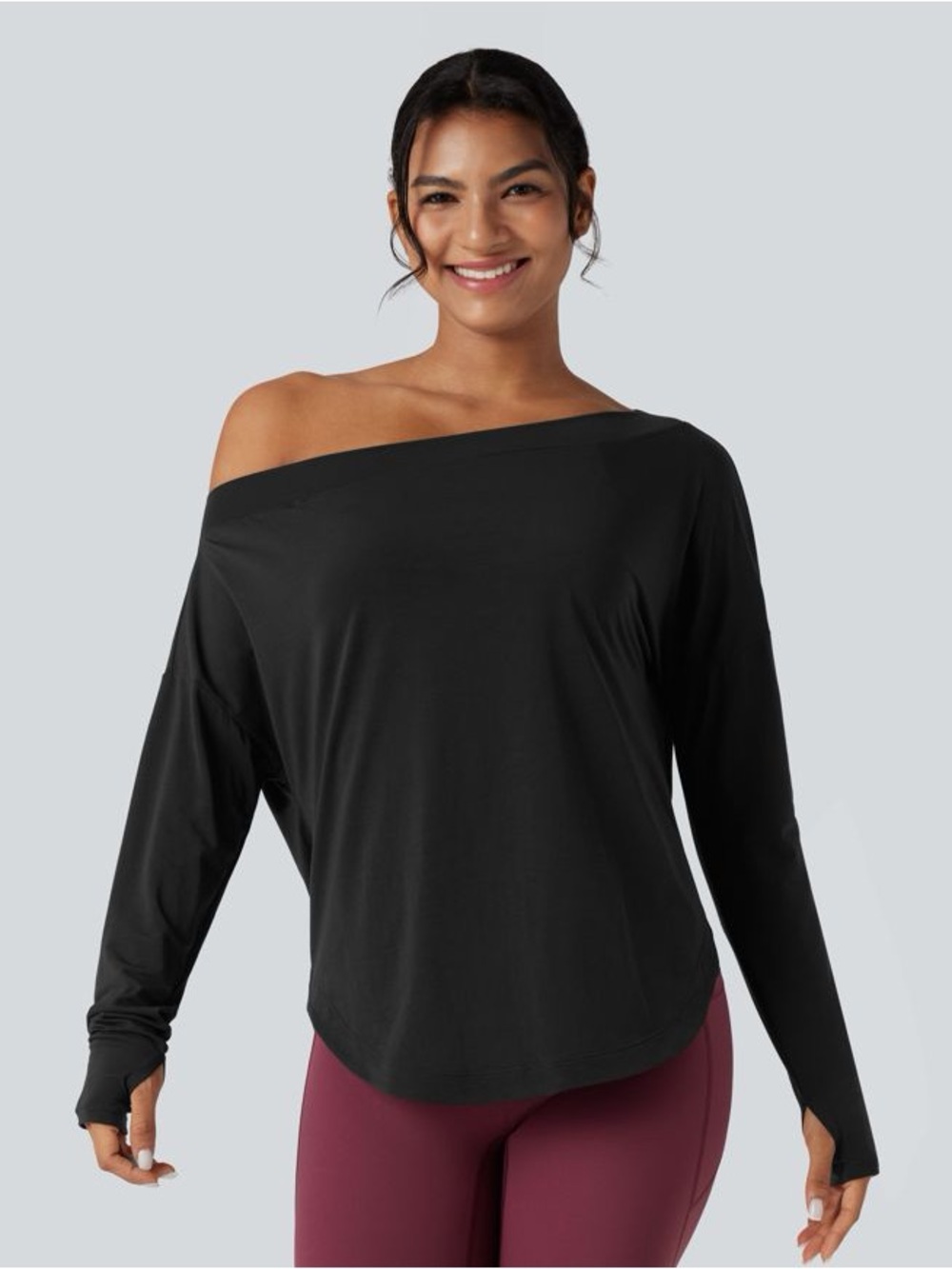 Halara One Shoulder Long SleeveThumb Hole Curved Hem High Low Quick Dry Yoga Top